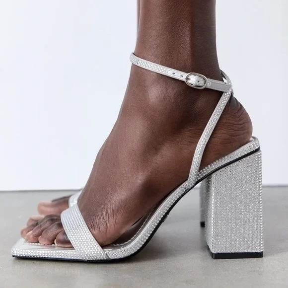 Zara Silver Block Heel Rhinestone Sandals
